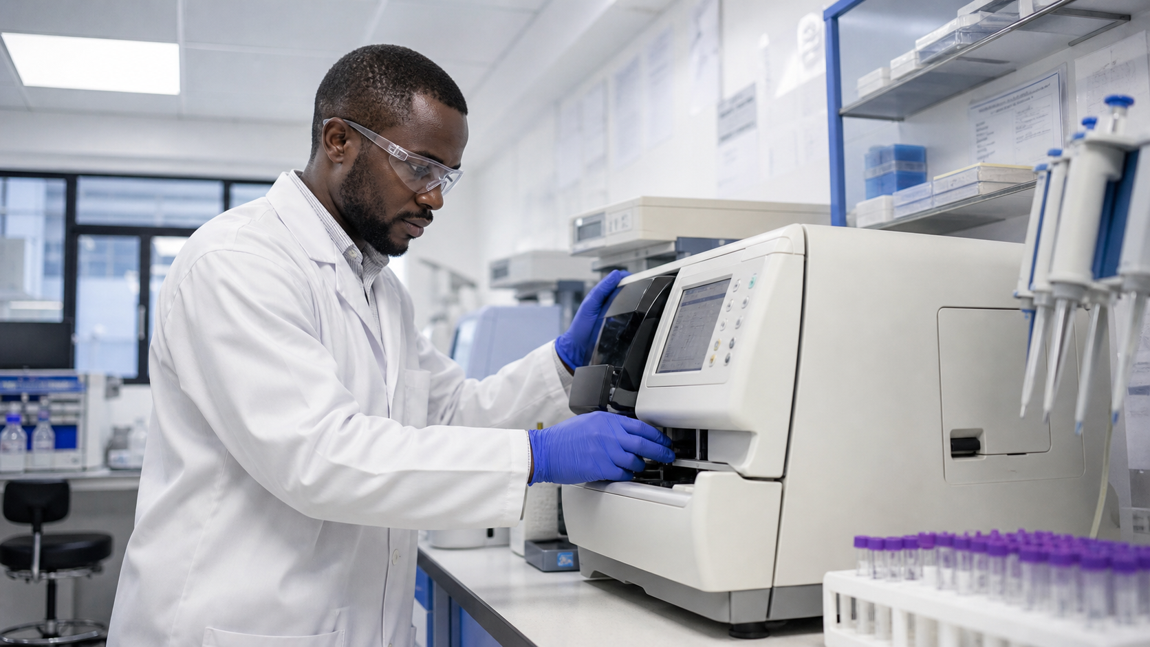 Black male laboratory professional inspecting modern diagnostic equipment